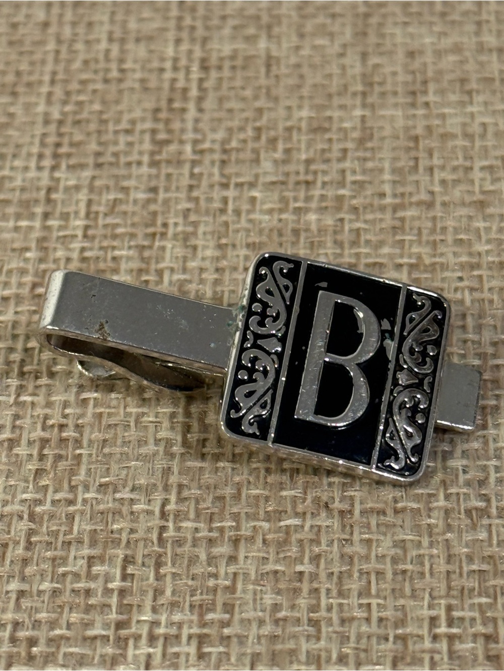 Vintage Swank Initial B Tie Clip Black Enamel Filigree Silver Tone
